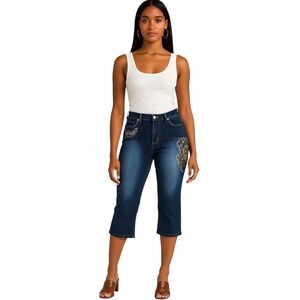 Elegant Embroidered Dark Blue Cropped Jeans. Size 13/14.